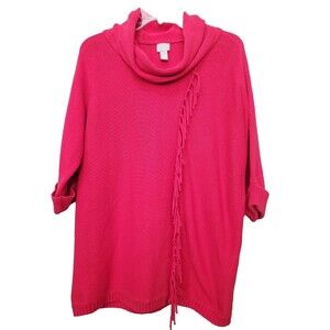CHICO'S Cotton Blend Red Dolman Sleeve Cowl Neck Fringed Sweater Tunic Size 2(L)